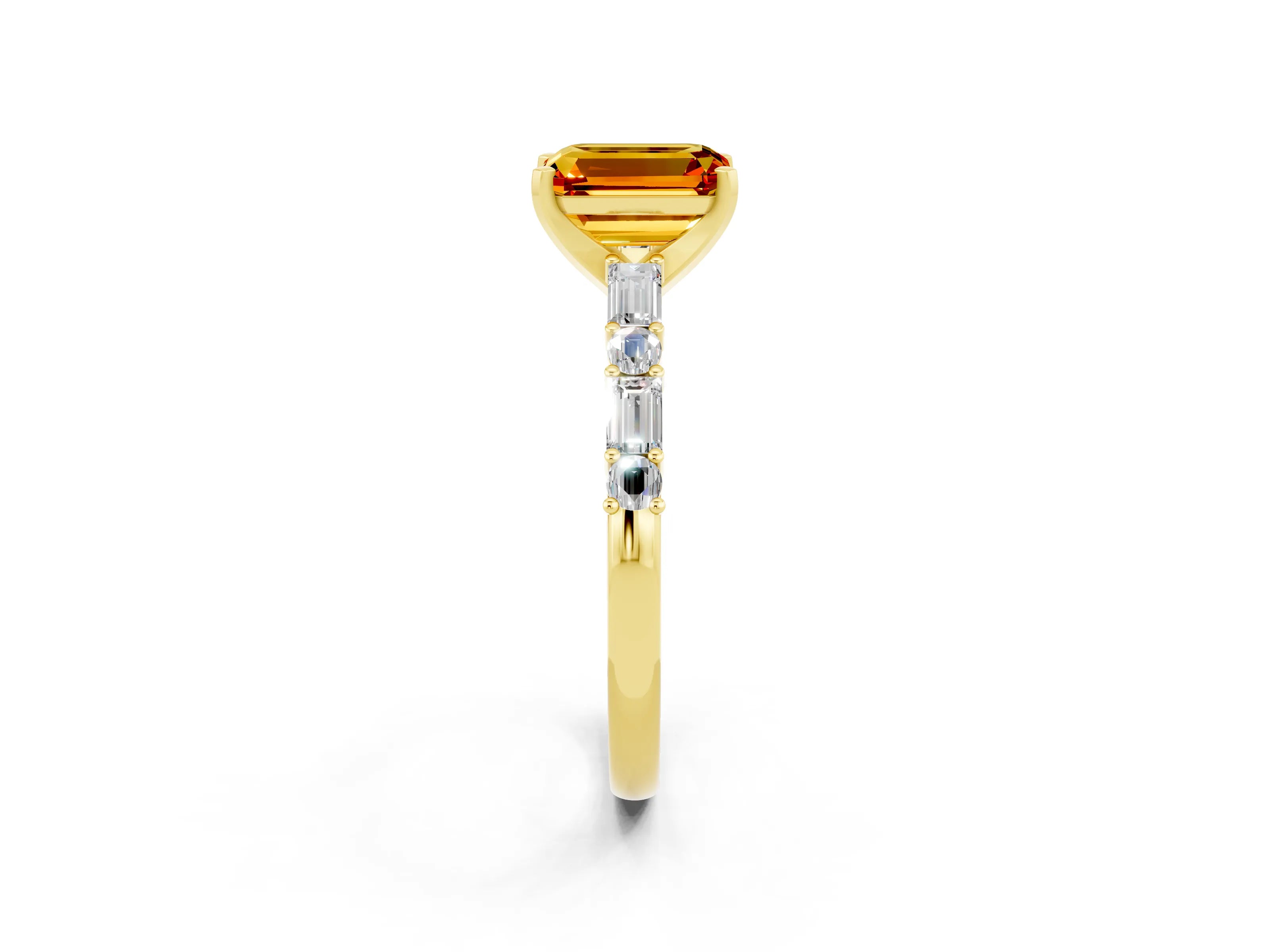 Yellow gold Emerald Cut Citrine Solitaire with Side Baguettes and Channel Set Band_2