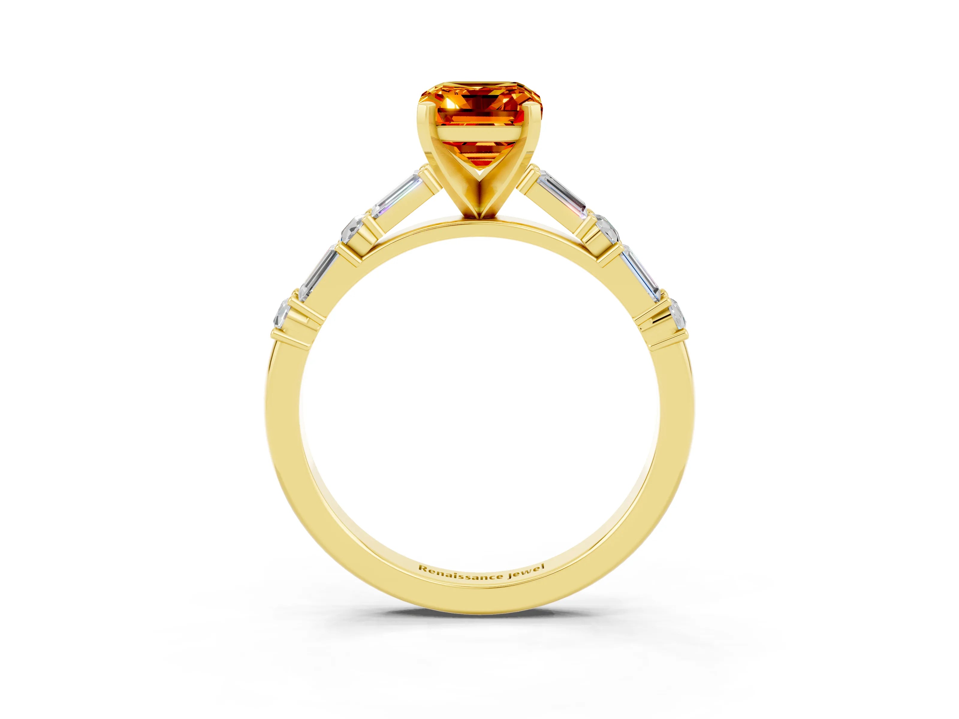 Yellow gold Emerald Cut Citrine Solitaire with Side Baguettes and Channel Set Band_3