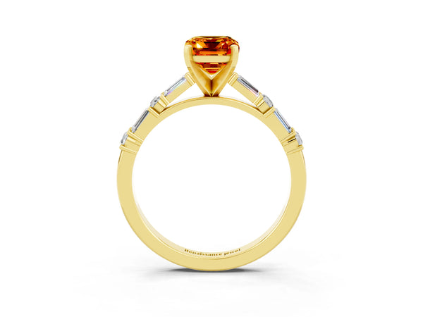 Yellow gold Emerald Cut Citrine Solitaire with Side Baguettes and Channel Set Band