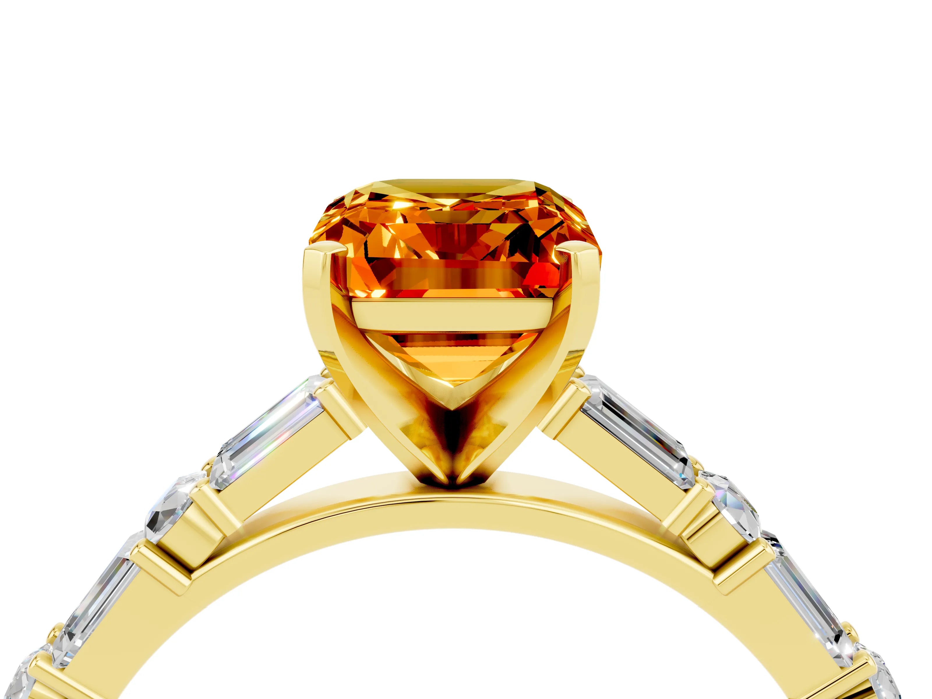 Yellow gold Emerald Cut Citrine Solitaire with Side Baguettes and Channel Set Band_4