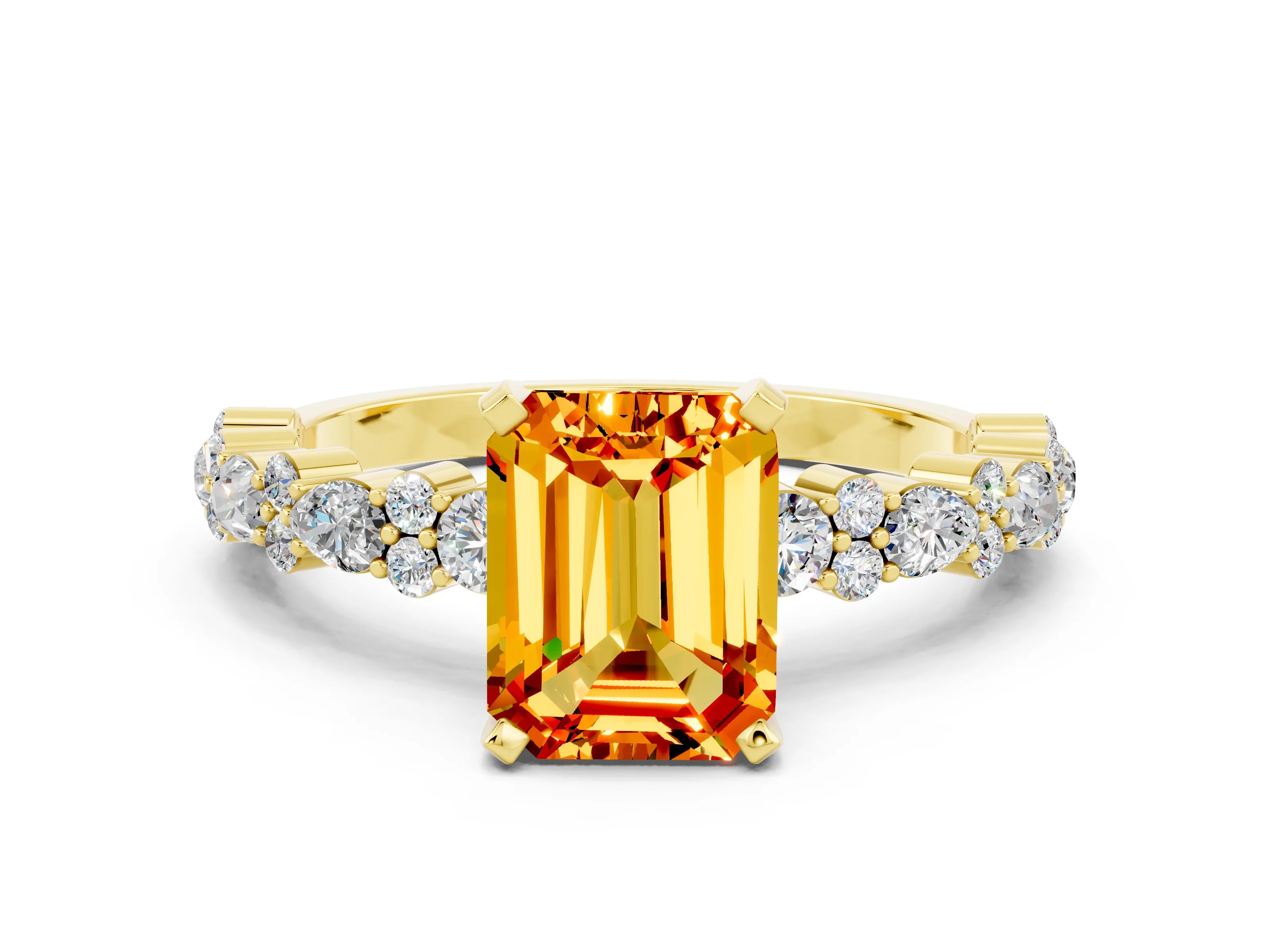 Yellow gold Emerald Cut Citrine Solitaire with Side Stones, Pave Band, Four-Prong Setting_48