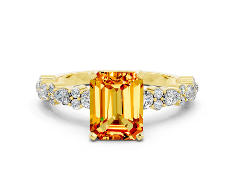 Yellow gold Emerald Cut Citrine Solitaire with Side Stones, Pave Band, Four-Prong Setting_48