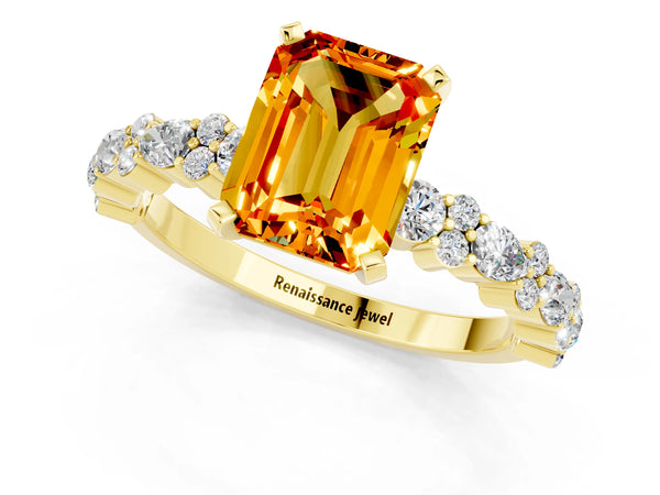 Yellow gold Emerald Cut Citrine Side Stone Solitaire Ring with Round  and Four-Prong Setting