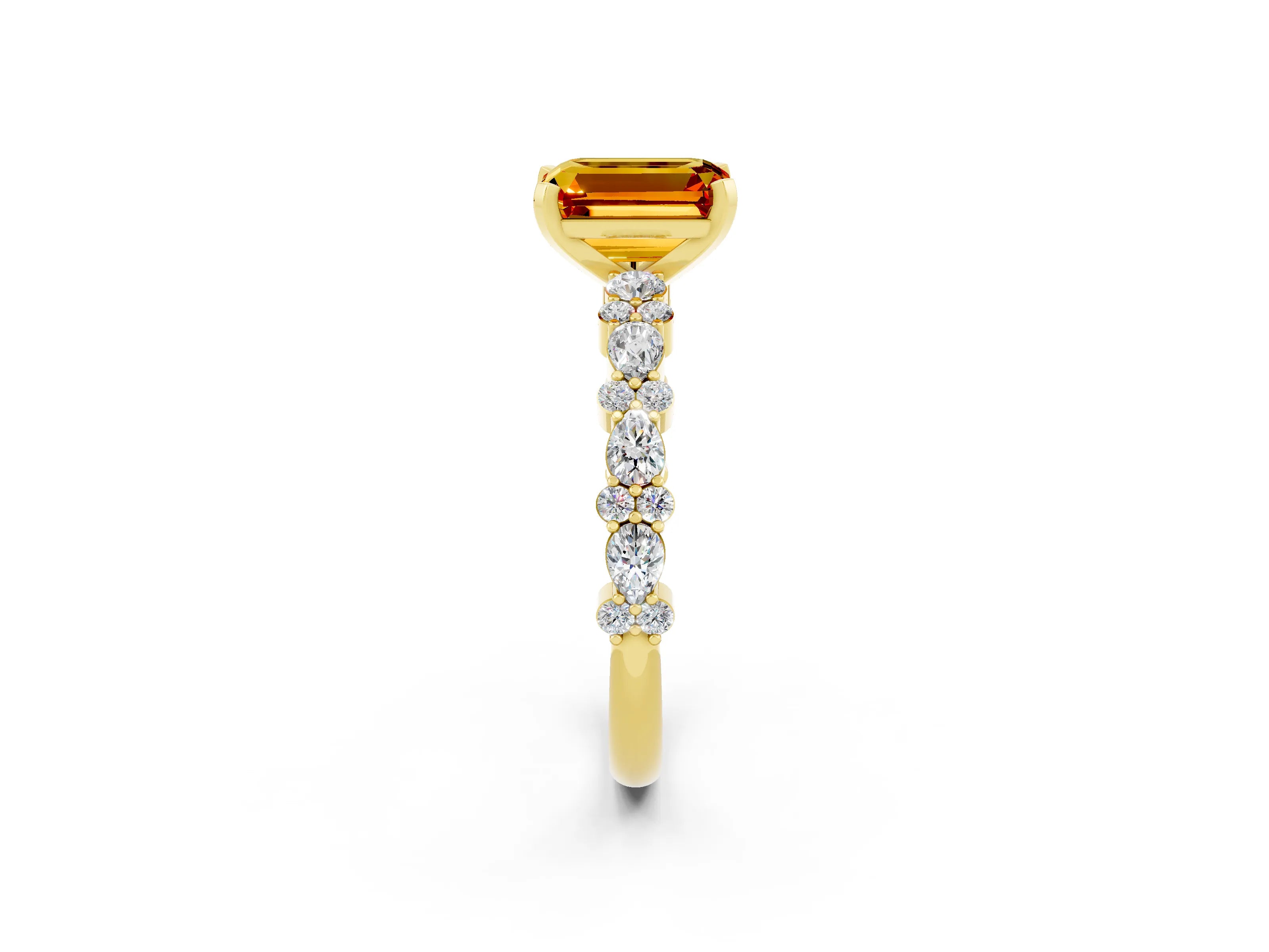 Yellow gold Emerald Cut Citrine Solitaire with Side Stones, Pave Band, Four-Prong Setting_50