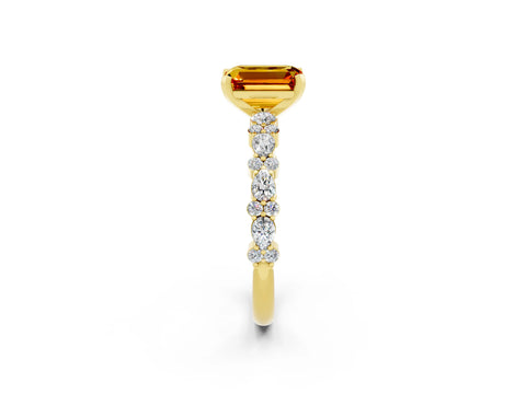 Yellow gold Emerald Cut Citrine Solitaire with Side Stones, Pave Band, Four-Prong Setting_50