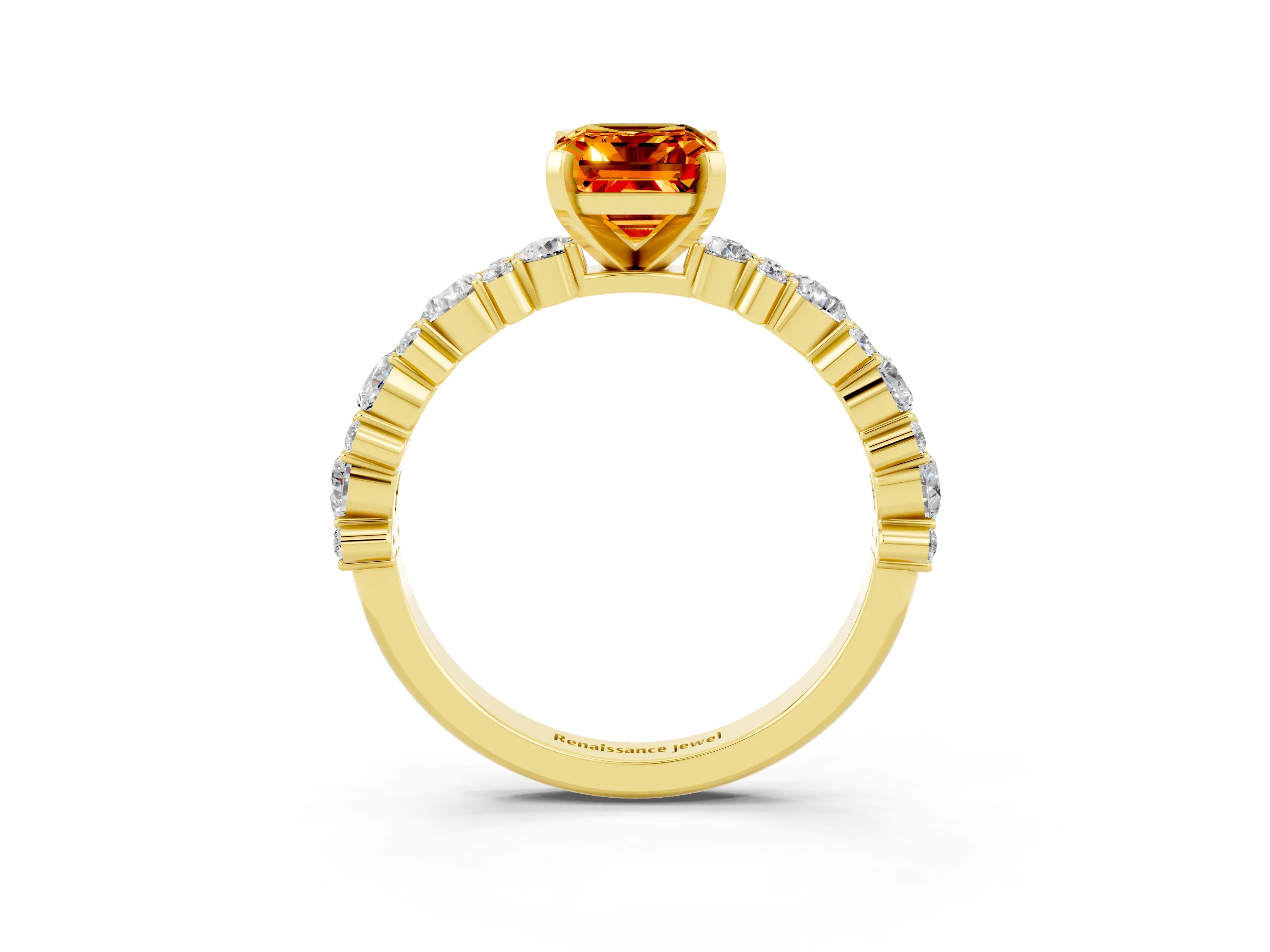 Yellow gold Emerald Cut Citrine Solitaire with Side Stones, Pave Band, Four-Prong Setting_51