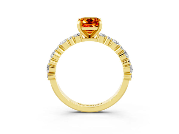 Yellow gold Emerald Cut Citrine Side Stone Solitaire Ring with Round  and Four-Prong Setting