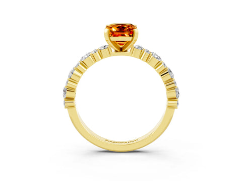 Yellow gold Emerald Cut Citrine Solitaire with Side Stones, Pave Band, Four-Prong Setting_51