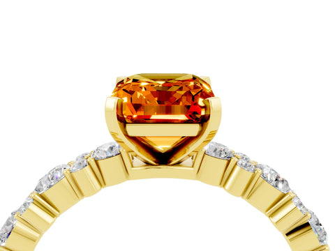 Yellow gold Emerald Cut Citrine Solitaire with Side Stones, Pave Band, Four-Prong Setting_52
