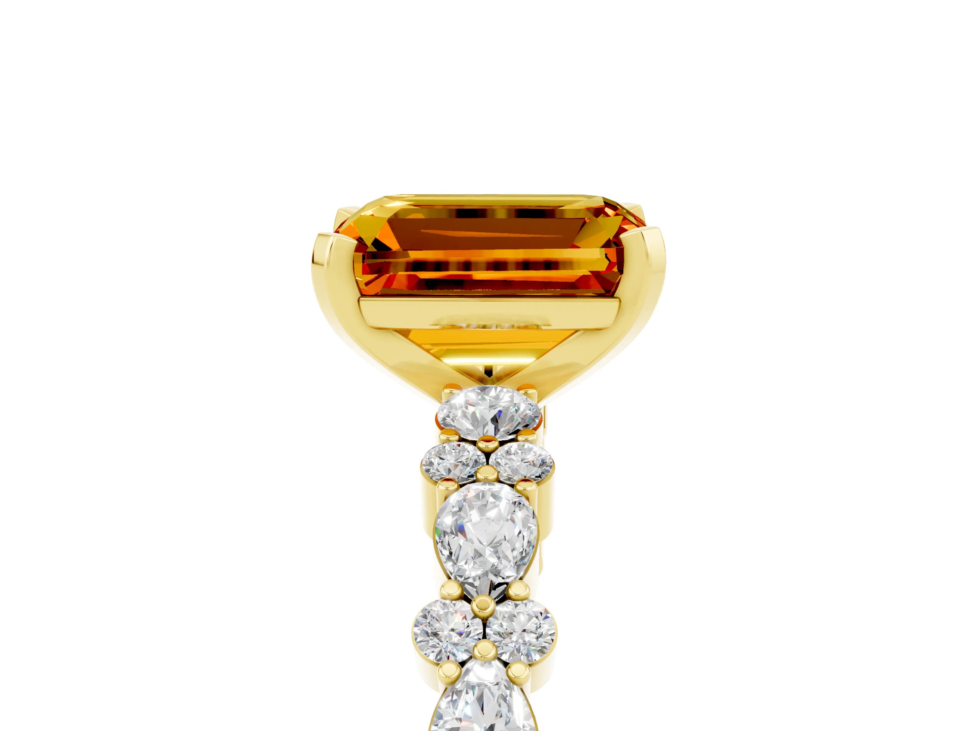 Yellow gold Emerald Cut Citrine Solitaire with Side Stones, Pave Band, Four-Prong Setting_53