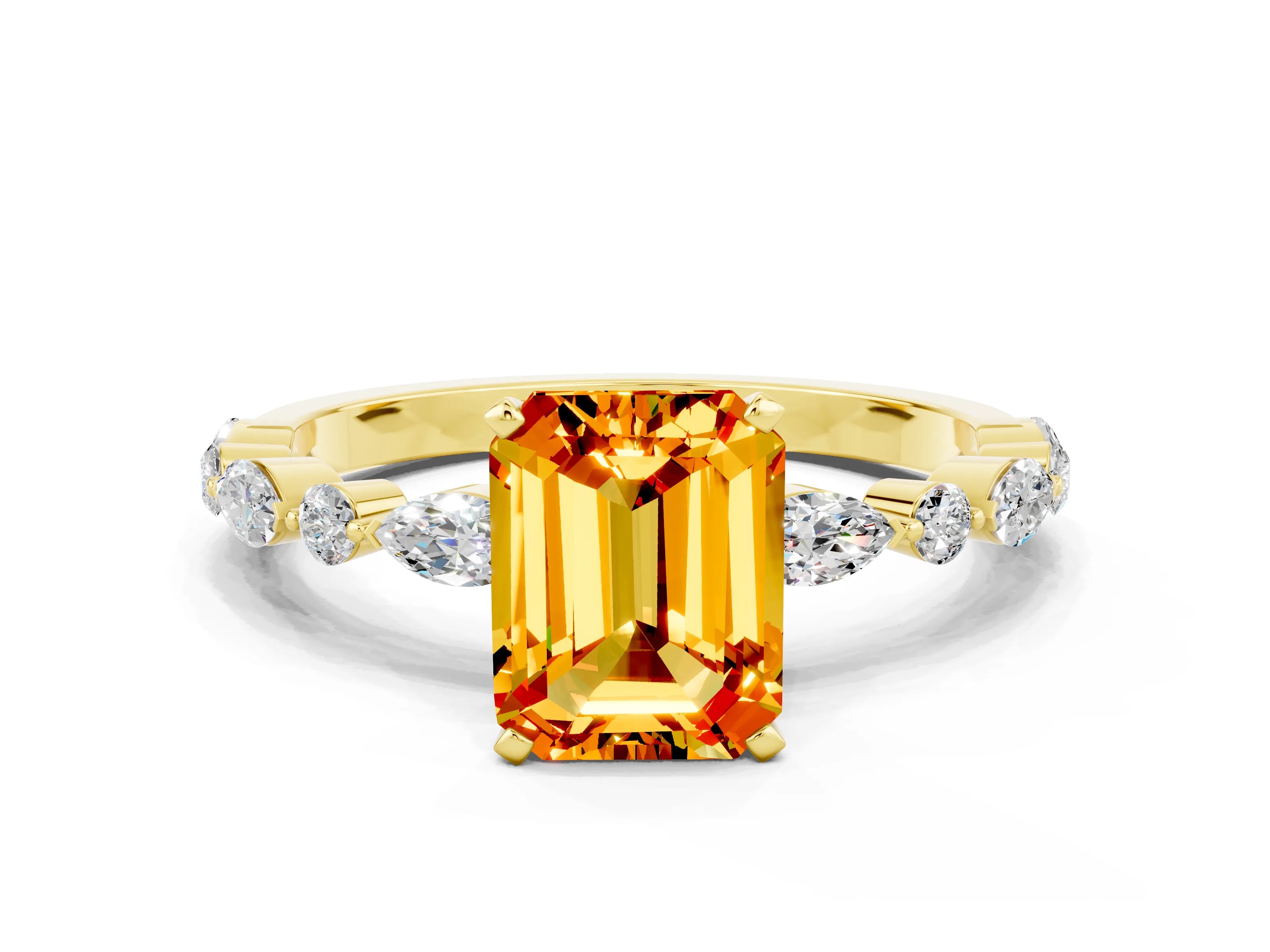 Yellow gold Emerald Cut Citrine Solitaire with Side Stones on a Pavé Band and Four-Prong Setting