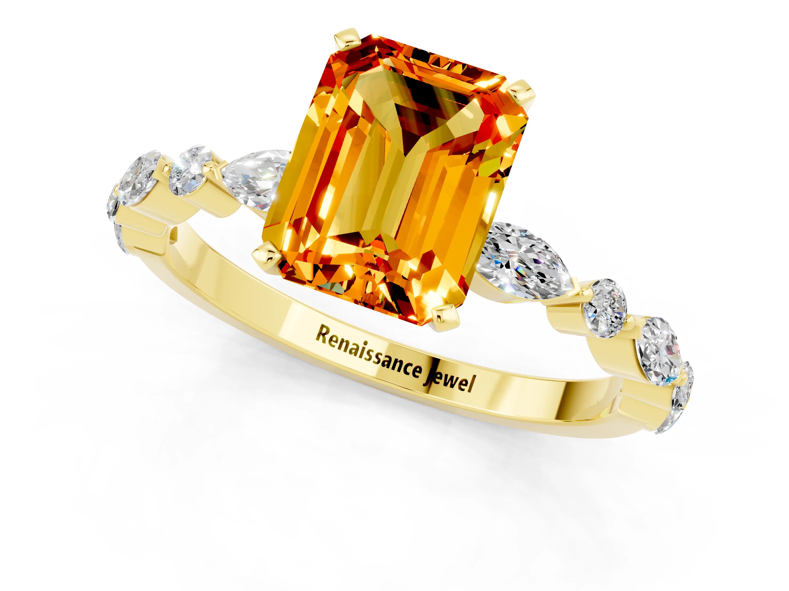Yellow gold Emerald Cut Citrine Solitaire with Side Stones on a Pavé Band and Four-Prong Setting_1