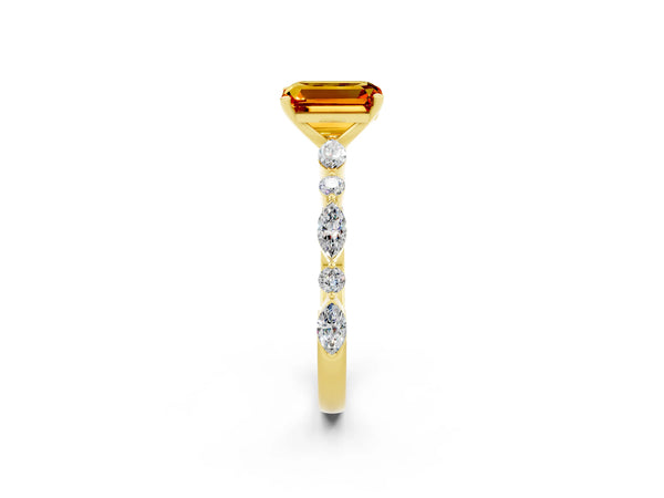 Yellow gold Emerald Cut Citrine Ring with Marquise and Round  Side Stones and Four-Prong Setting