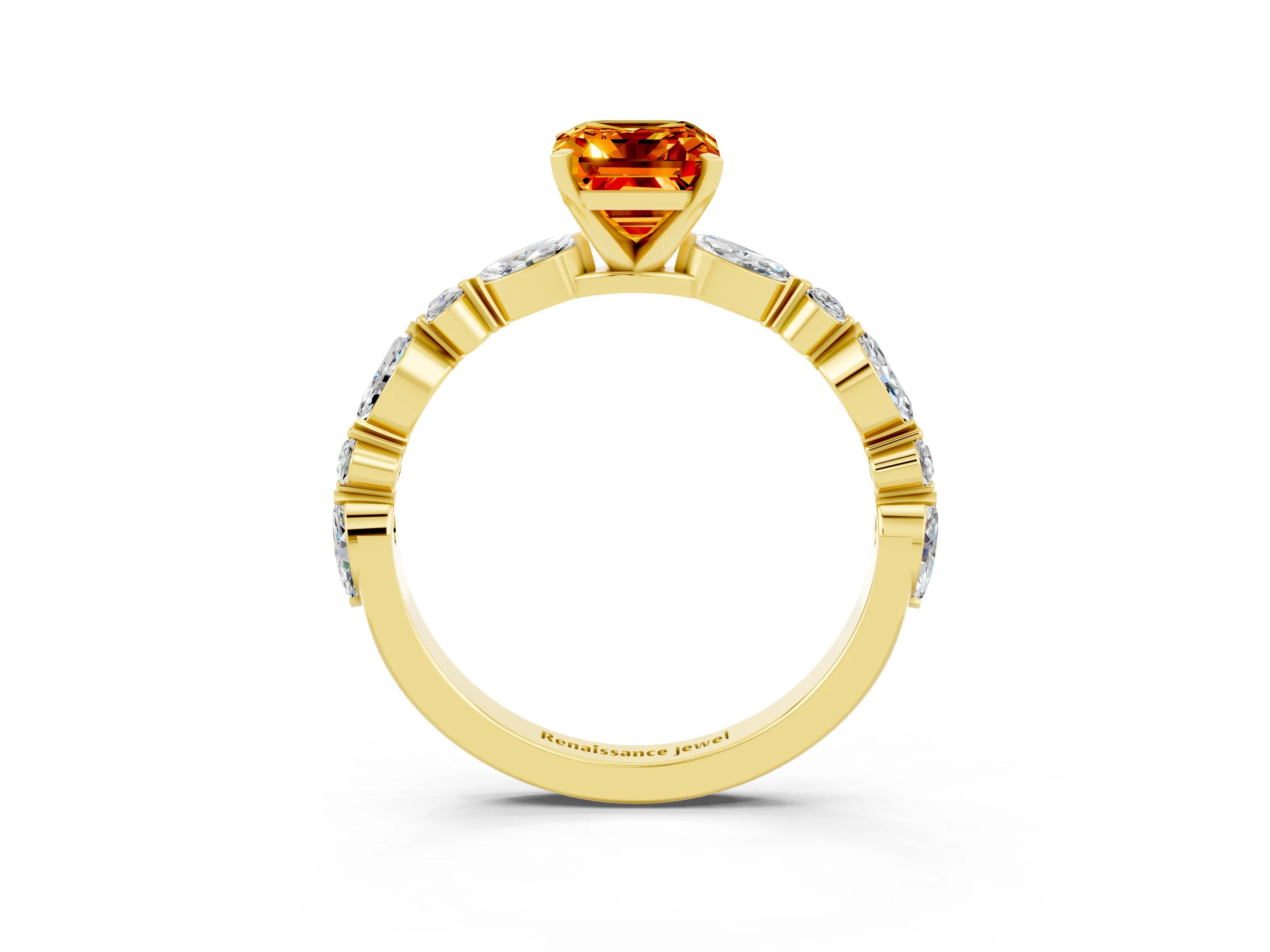 Yellow gold Emerald Cut Citrine Solitaire with Side Stones on a Pavé Band and Four-Prong Setting_3