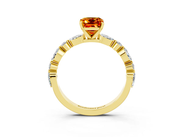 Yellow gold Emerald Cut Citrine Ring with Marquise and Round  Side Stones and Four-Prong Setting
