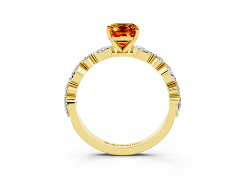 Yellow gold Emerald Cut Citrine Solitaire with Side Stones on a Pavé Band and Four-Prong Setting_3