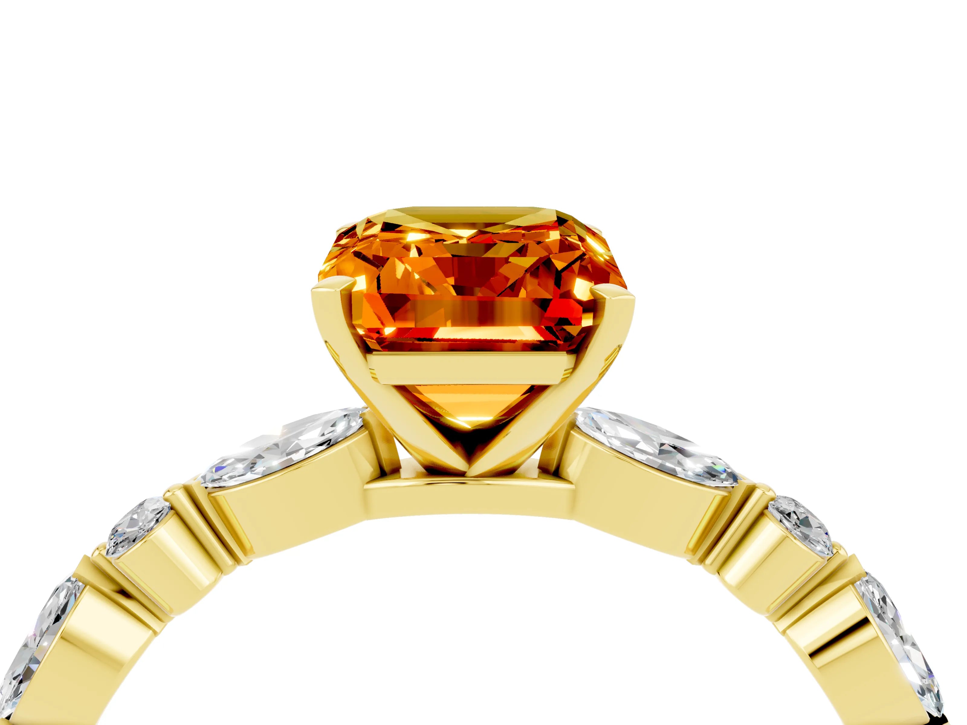 Yellow gold Emerald Cut Citrine Solitaire with Side Stones on a Pavé Band and Four-Prong Setting_4