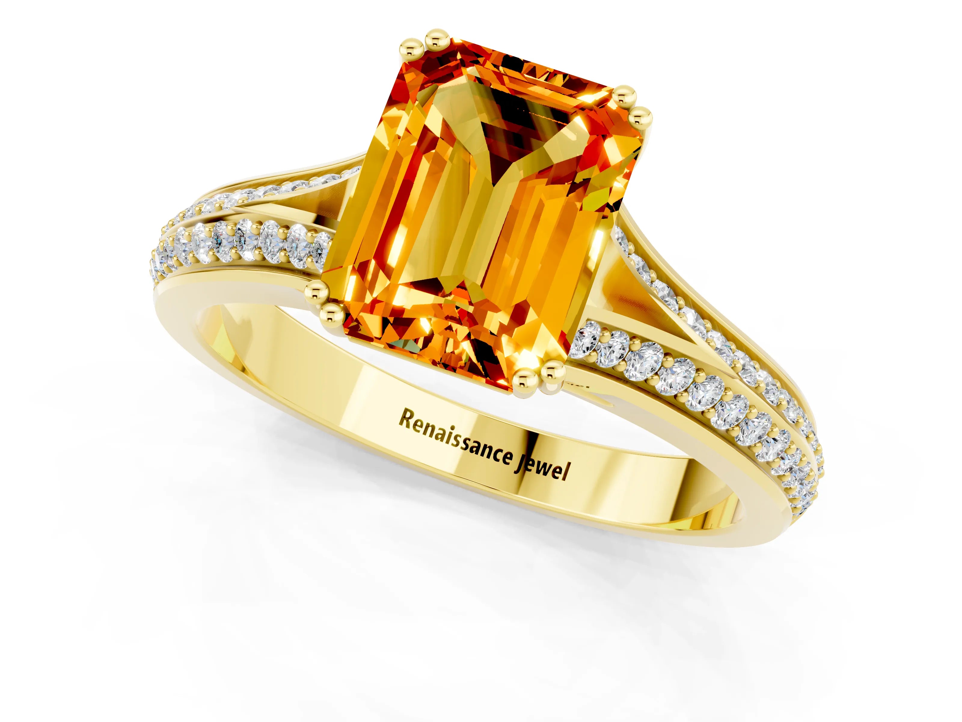 Yellow gold Emerald Cut Citrine Split Shank Engagement Ring with Pavé Band_1