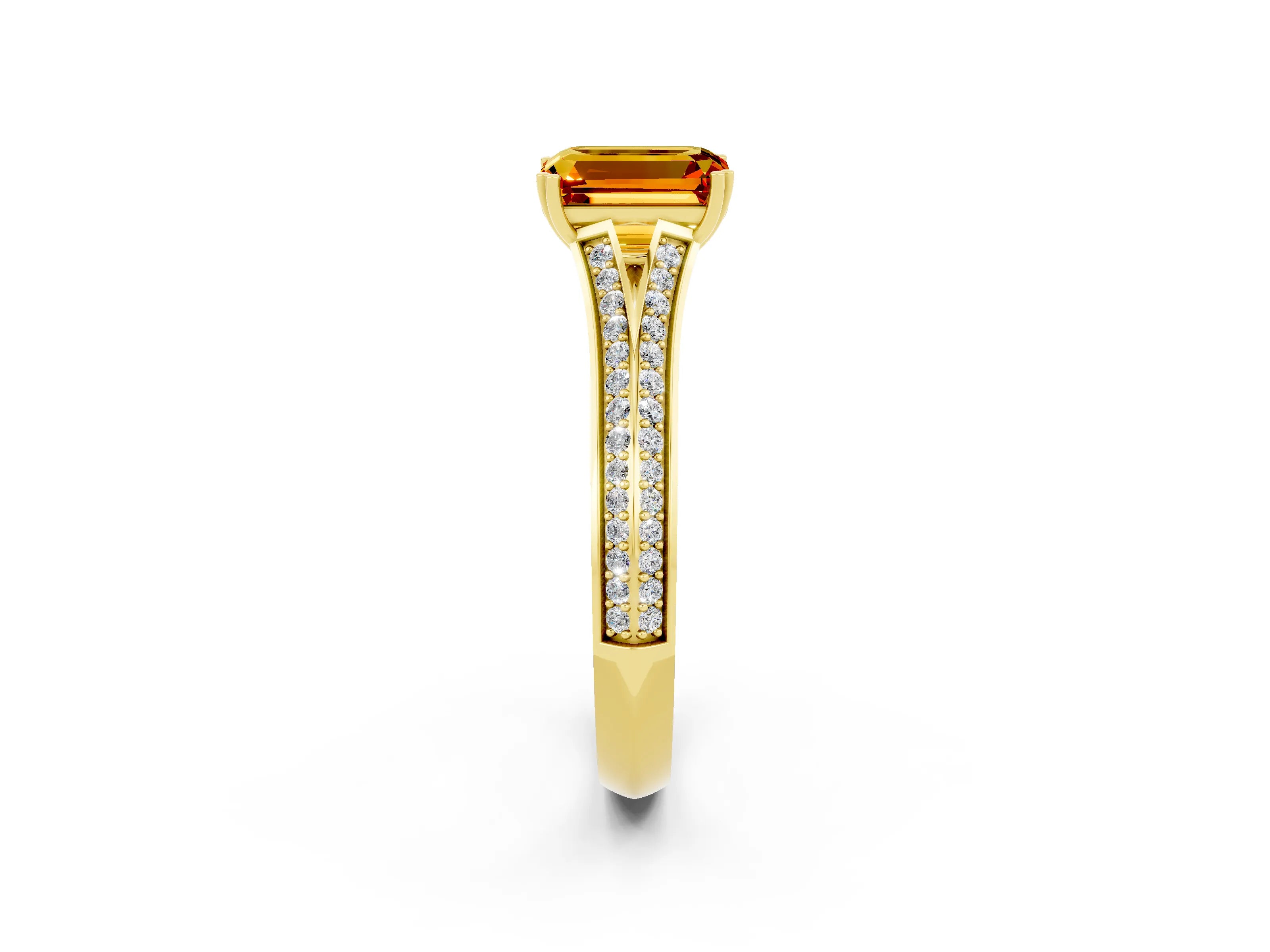 Yellow gold Emerald Cut Citrine Split Shank Engagement Ring with Pavé Band_2