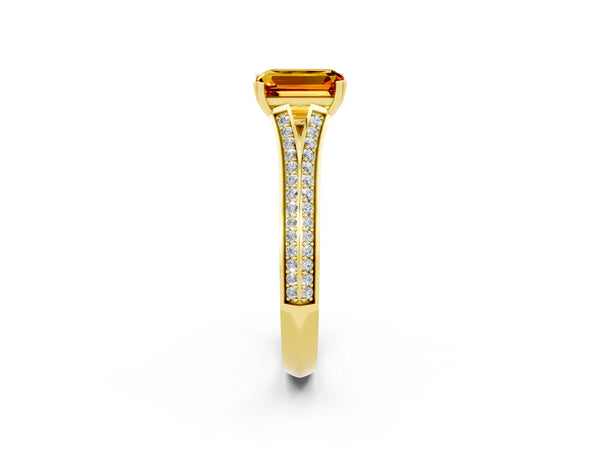 Yellow gold Emerald Cut Citrine Split Shank Engagement Ring with Pavé Band
