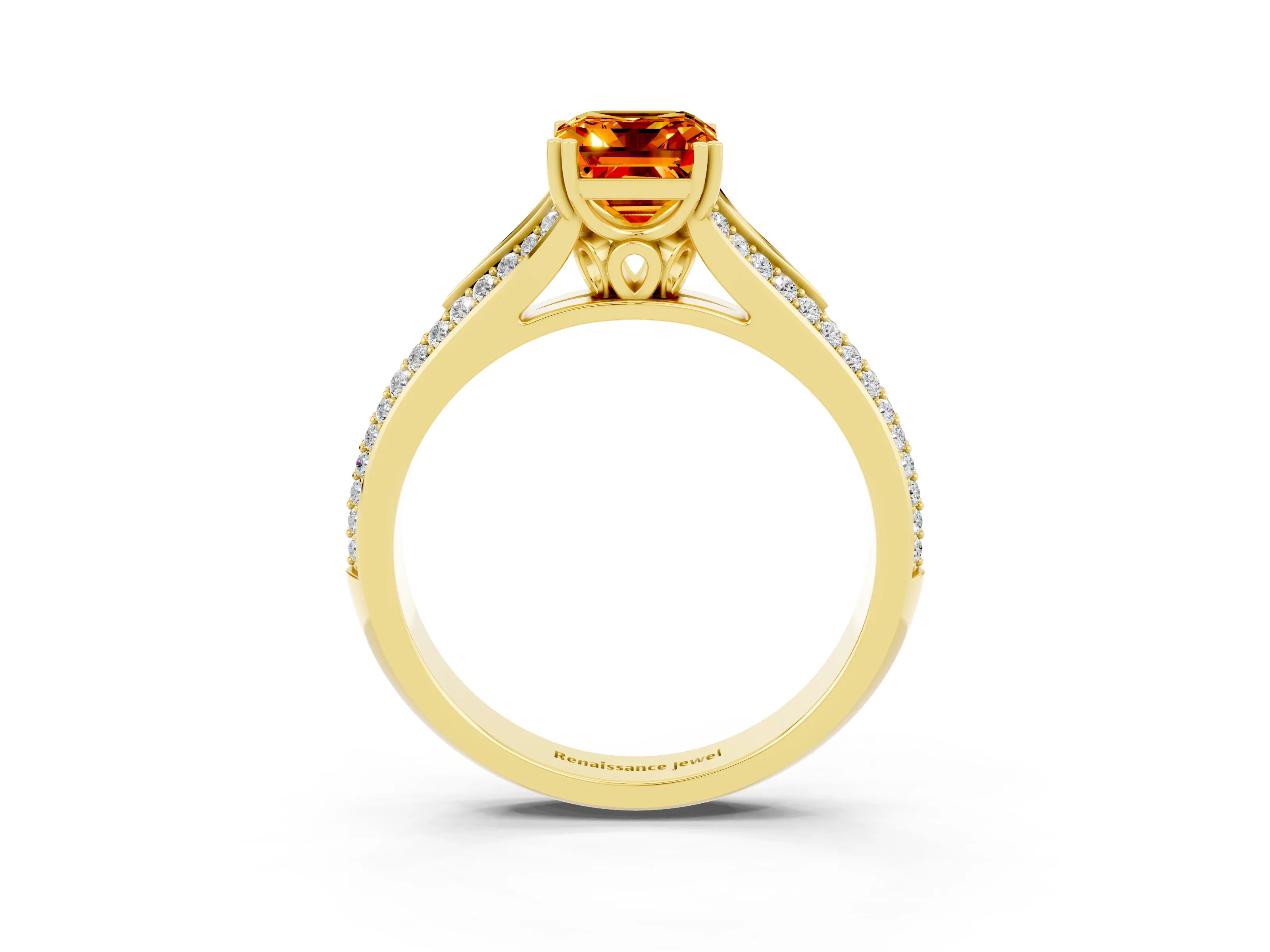 Yellow gold Emerald Cut Citrine Split Shank Engagement Ring with Pavé Band_3