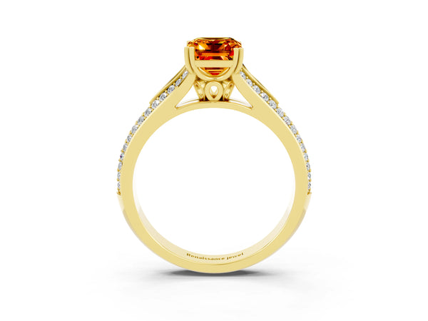 Yellow gold Emerald Cut Citrine Split Shank Engagement Ring with Pavé Band