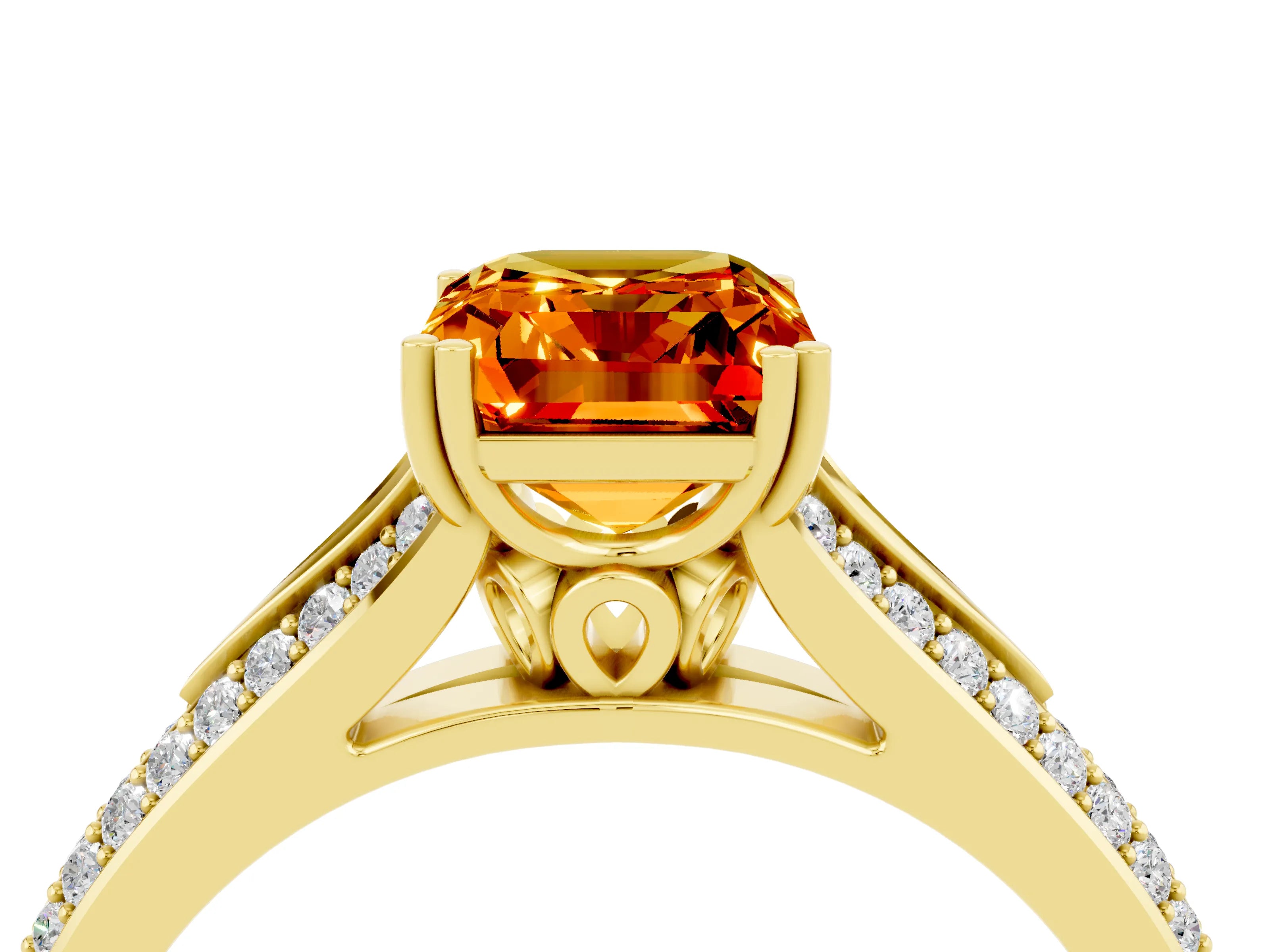 Yellow gold Emerald Cut Citrine Split Shank Engagement Ring with Pavé Band_4