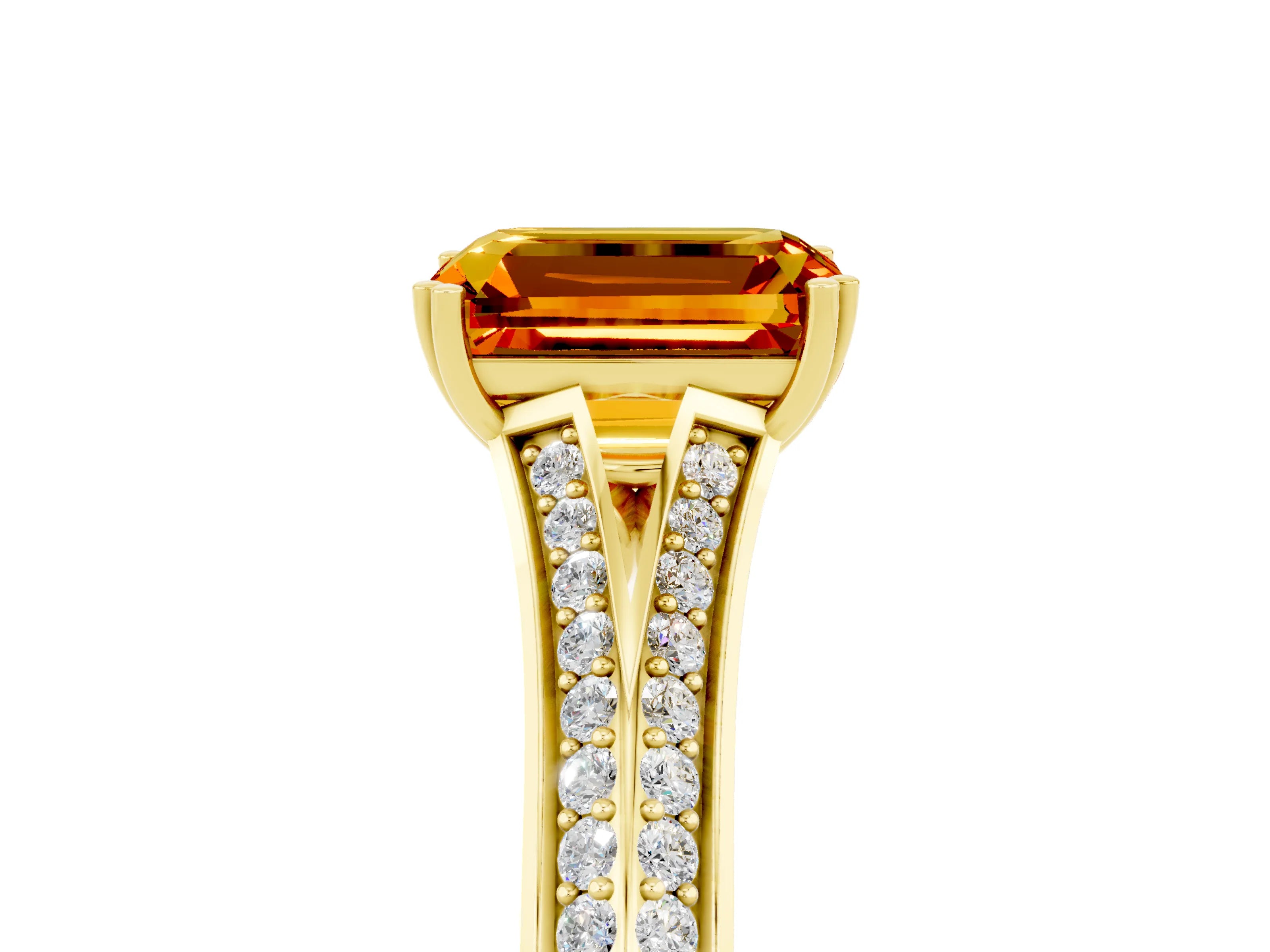 Yellow gold Emerald Cut Citrine Split Shank Engagement Ring with Pavé Band_5