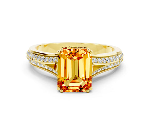 Yellow gold Emerald Cut Citrine Split Shank Engagement Ring with Pavé Band