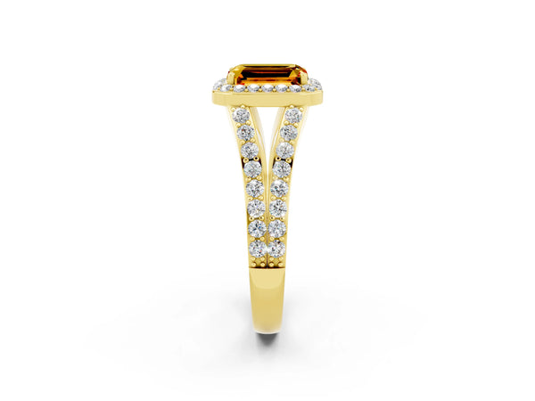 Yellow gold Emerald Cut Citrine Split Shank Halo Ring with Four-Prong Setting