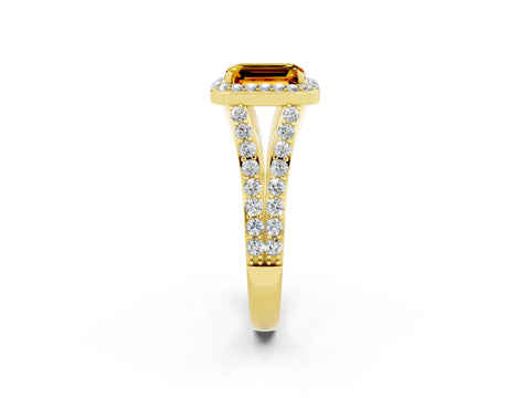 Yellow gold Emerald Cut Citrine Split Shank Halo Ring with Four-Prong Setting_14