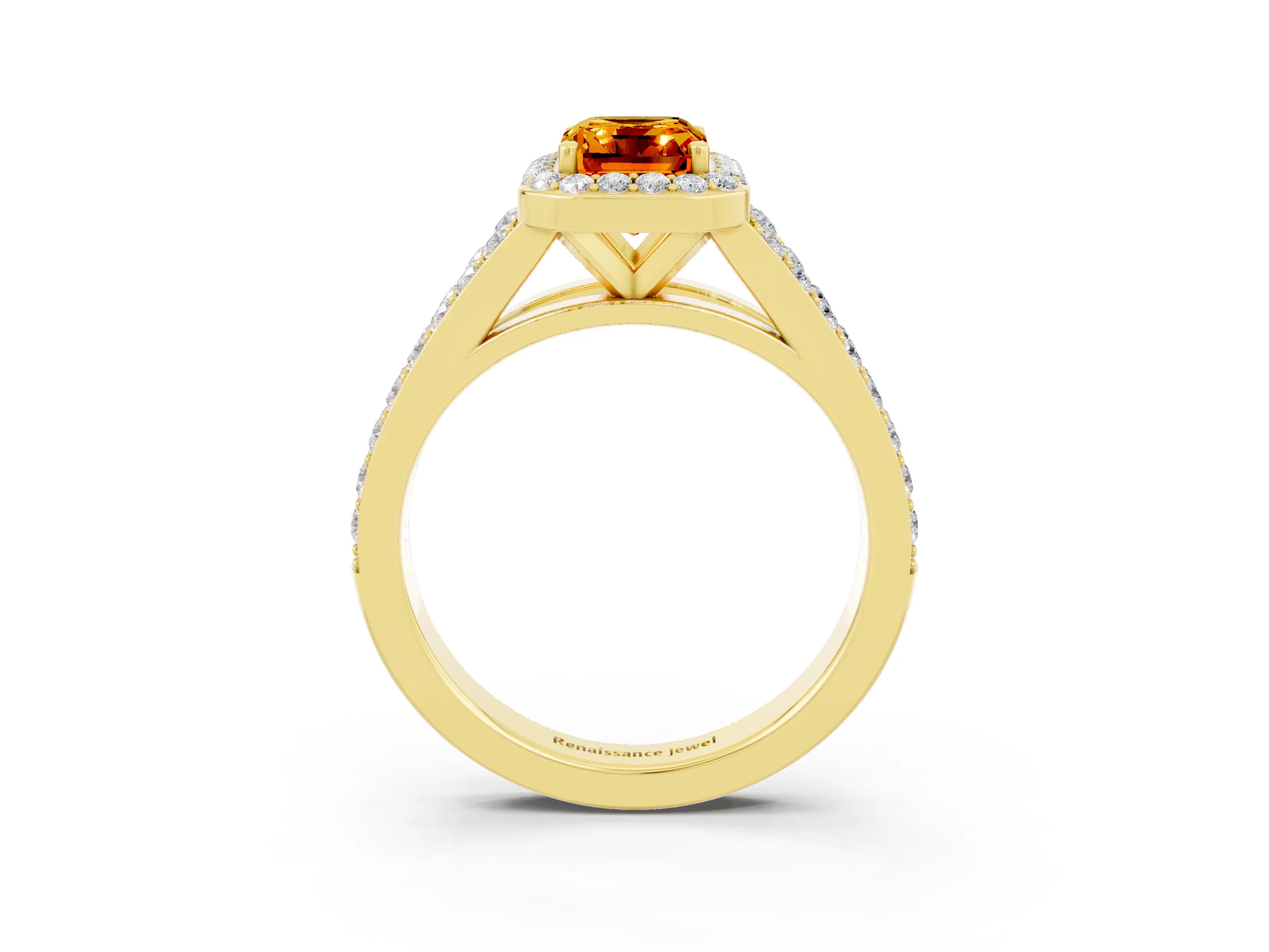 Yellow gold Emerald Cut Citrine Split Shank Halo Ring with Four-Prong Setting_15
