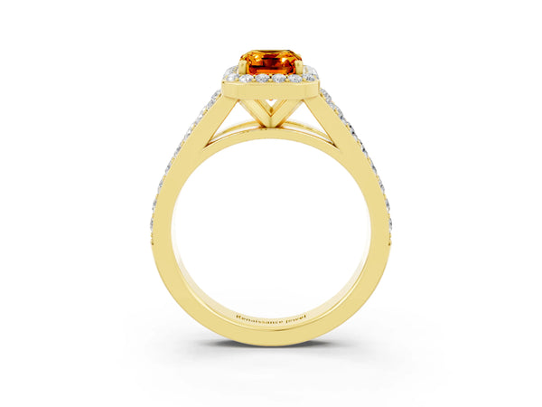 Yellow gold Emerald Cut Citrine Split Shank Halo Ring with Four-Prong Setting
