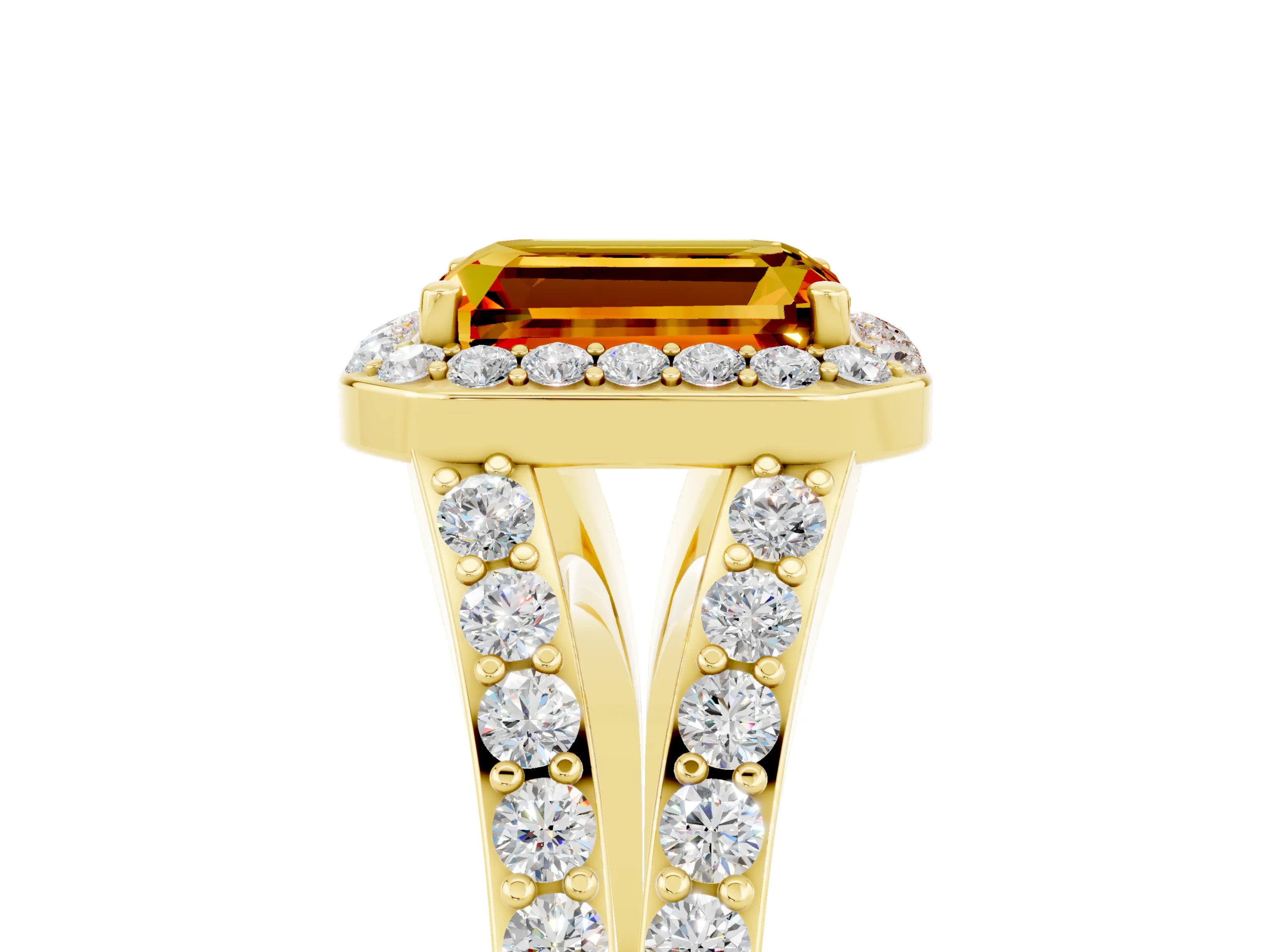 Yellow gold Emerald Cut Citrine Split Shank Halo Ring with Four-Prong Setting_17