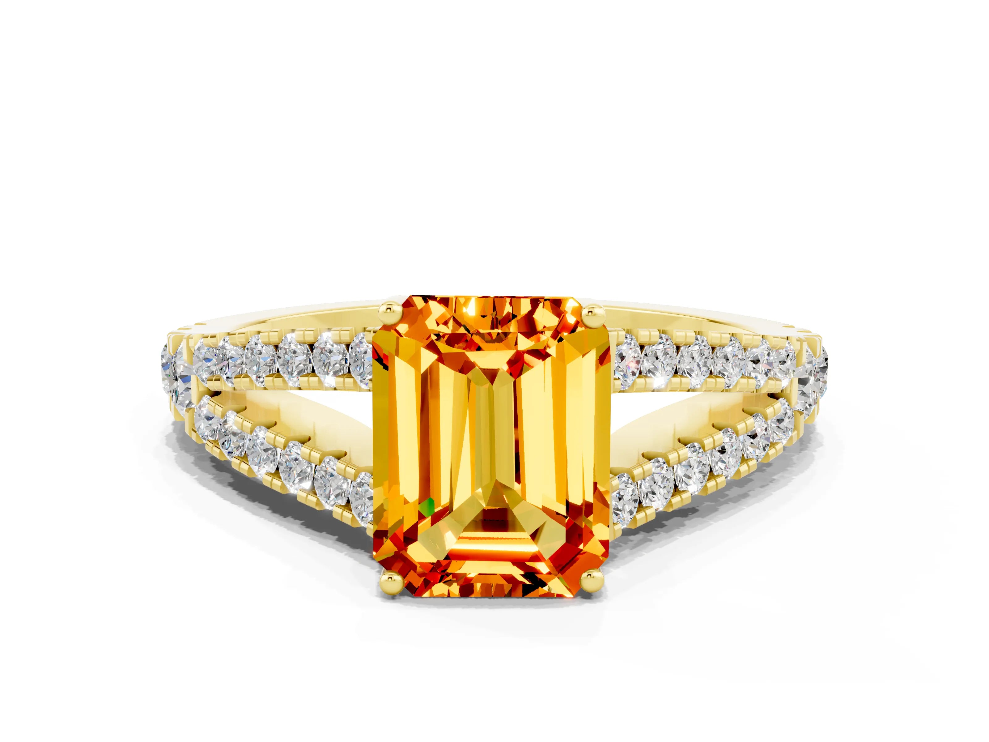 Yellow gold Emerald Cut Citrine Split Shank Pavé Engagement Ring with Four-Prong Setting_32