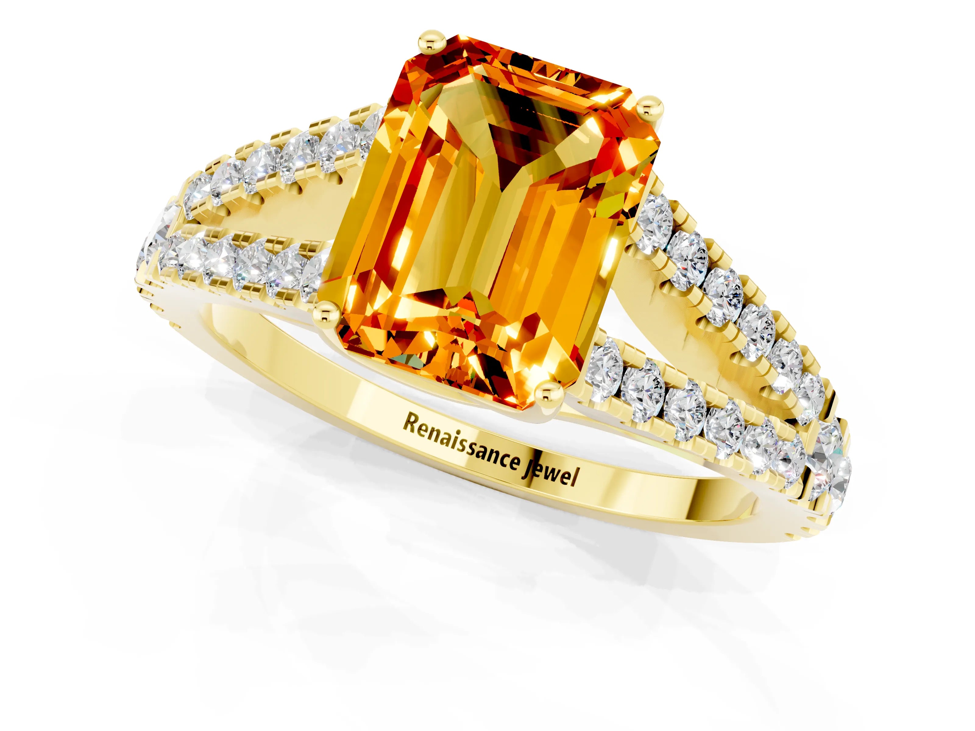 Yellow gold Emerald Cut Citrine Split Shank Pavé Engagement Ring with Four-Prong Setting_33