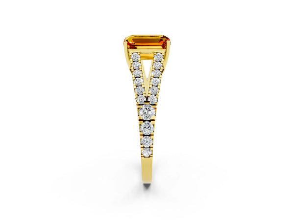 Yellow gold Emerald Cut Citrine Split Shank Pavé Engagement Ring with Four-Prong Setting