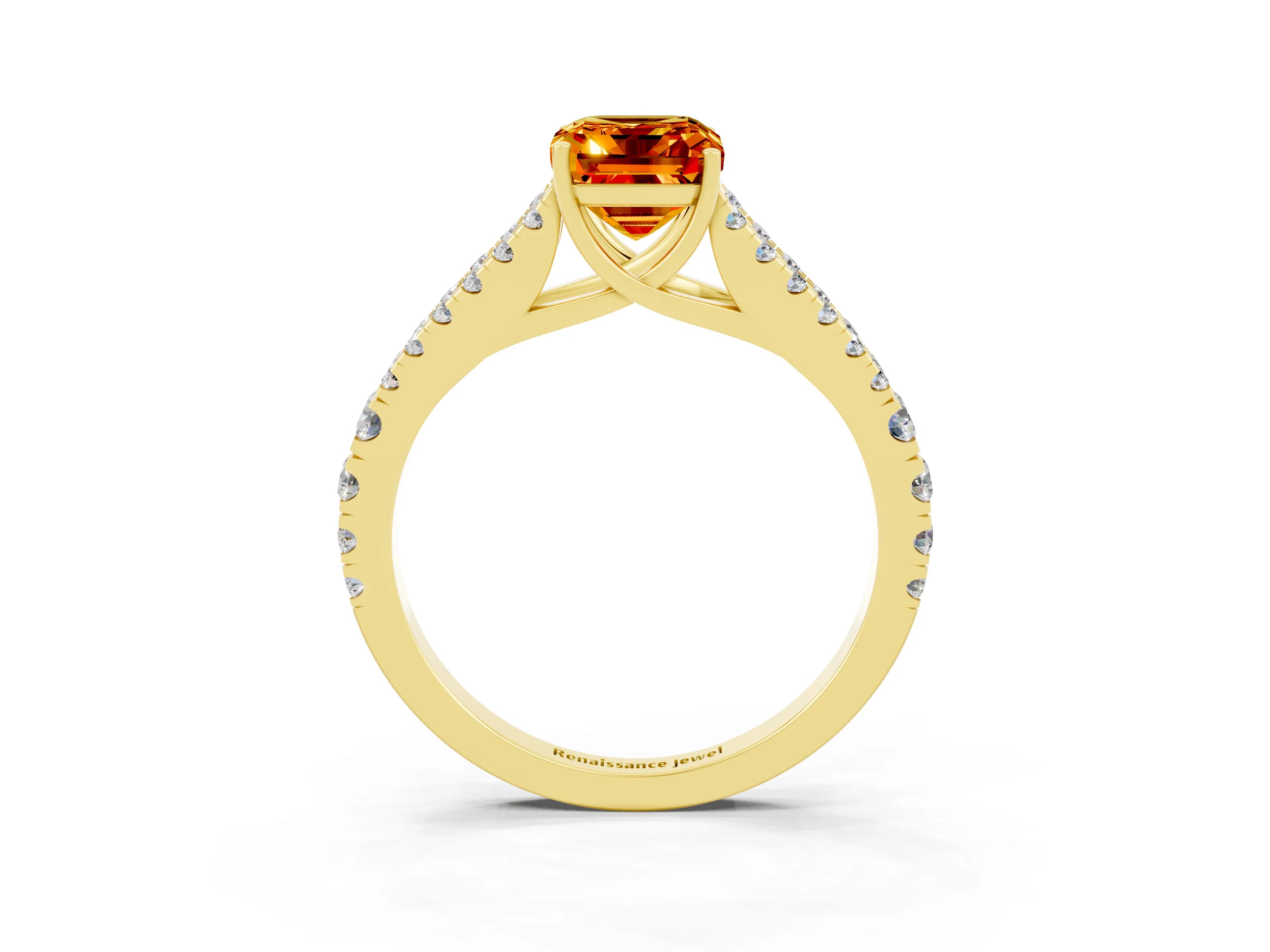 Yellow gold Emerald Cut Citrine Split Shank Pavé Engagement Ring with Four-Prong Setting_35