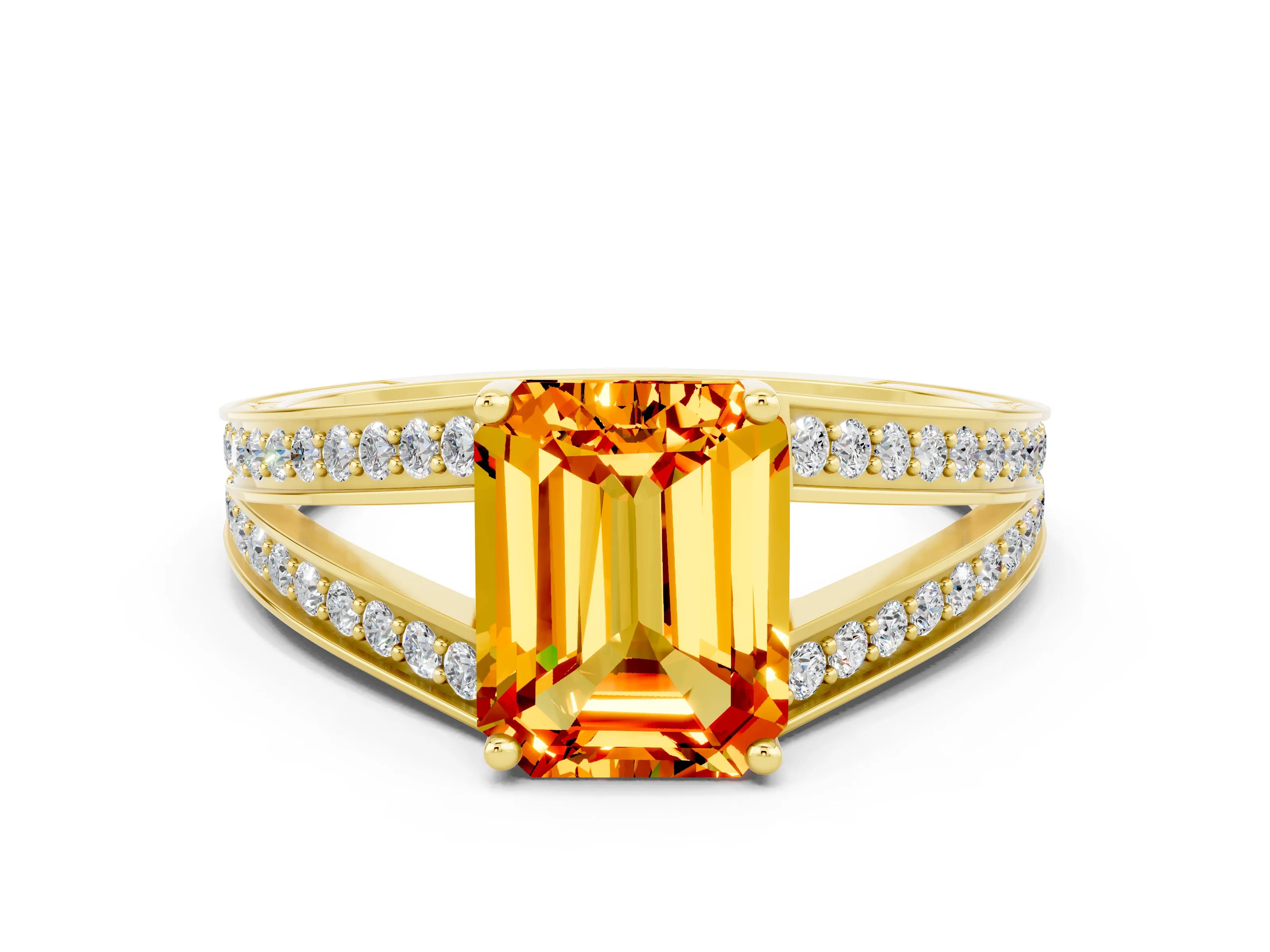 Yellow gold Emerald Cut Citrine Split Shank Ring with Pavé Band and Four-Prong Setting