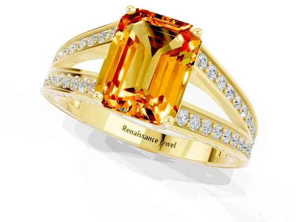 Yellow gold Emerald Cut Citrine Split Shank Ring with Pavé Band and Four-Prong Setting