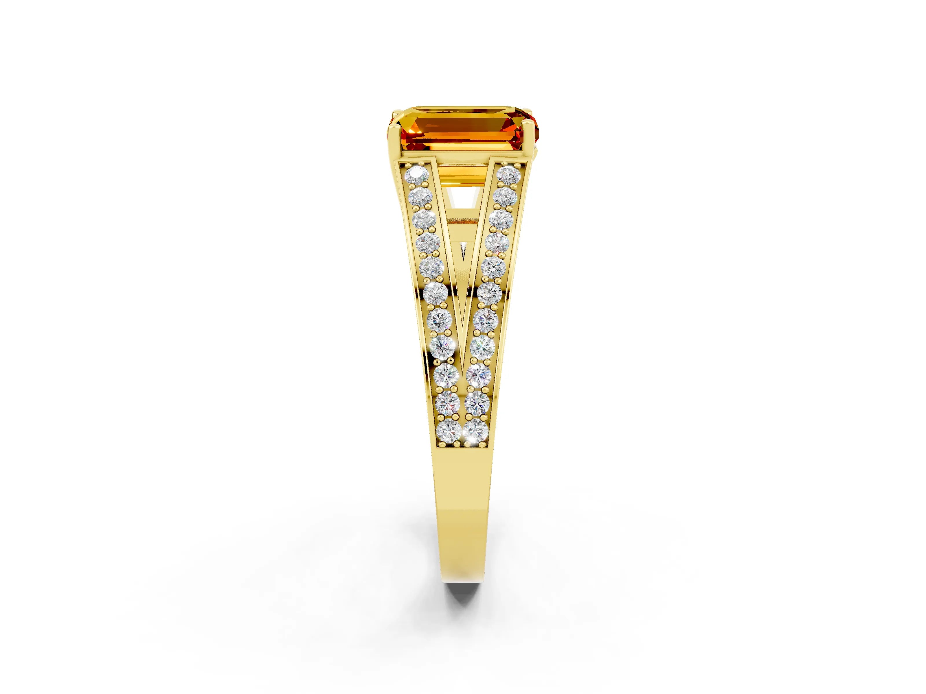 Yellow gold Emerald Cut Citrine Split Shank Ring with Pavé Band and Four-Prong Setting_2