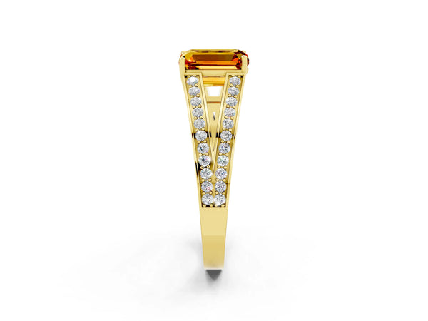 Yellow gold Emerald Cut Citrine Split Shank Ring with Pavé Band and Four-Prong Setting