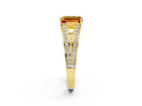 Yellow gold Emerald Cut Citrine Split Shank Ring with Pavé Band and Four-Prong Setting_2