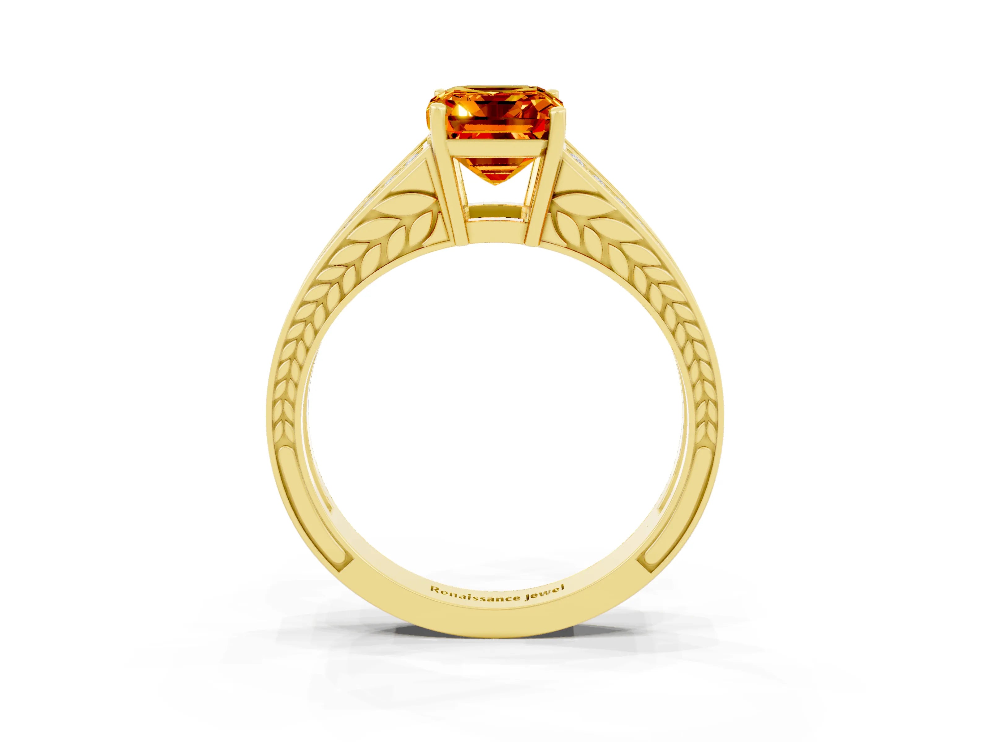 Yellow gold Emerald Cut Citrine Split Shank Ring with Pavé Band and Four-Prong Setting_3