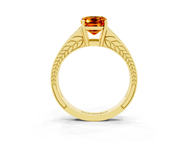 Yellow gold Emerald Cut Citrine Split Shank Ring with Pavé Band and Four-Prong Setting