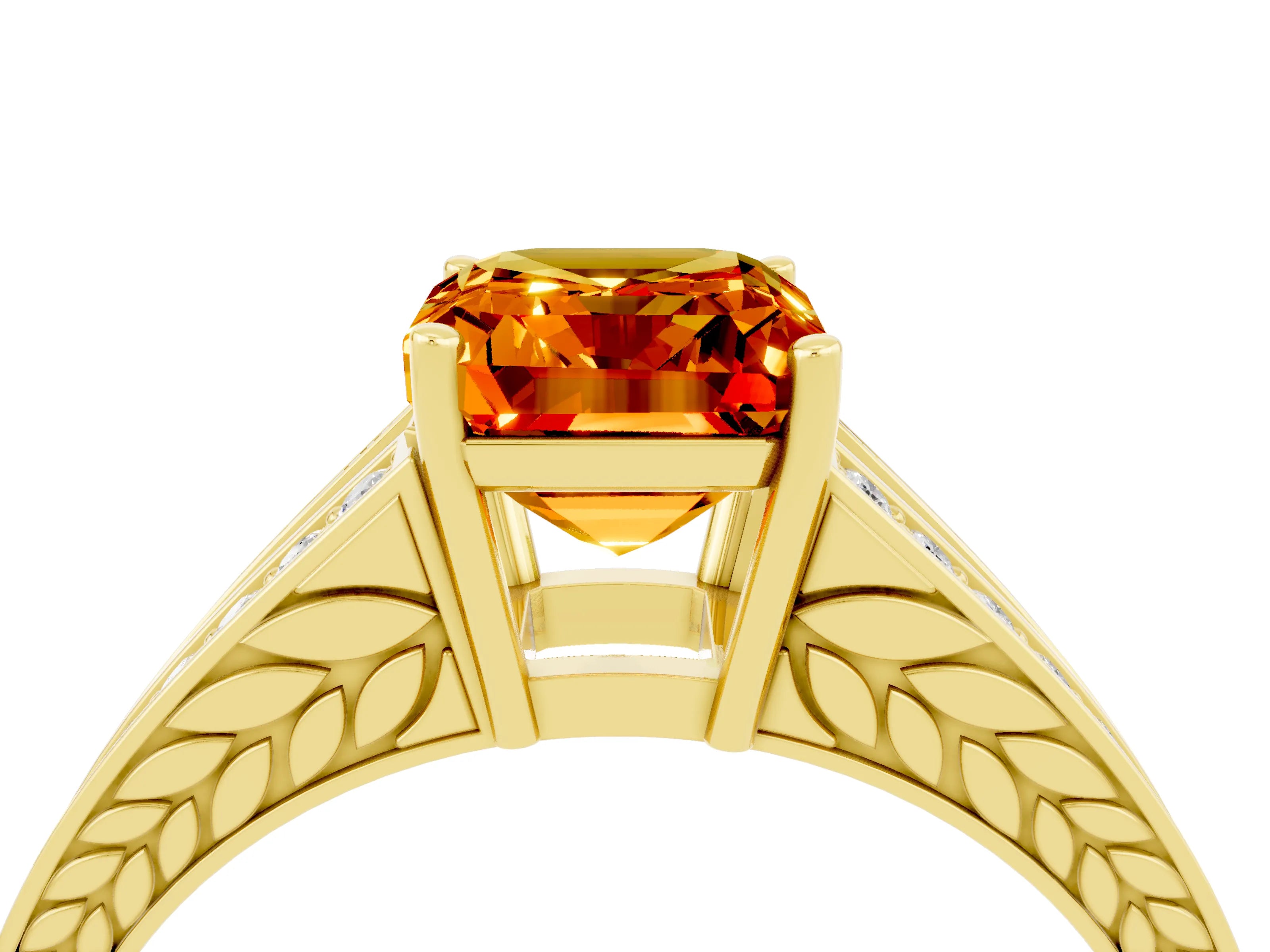 Yellow gold Emerald Cut Citrine Split Shank Ring with Pavé Band and Four-Prong Setting_4