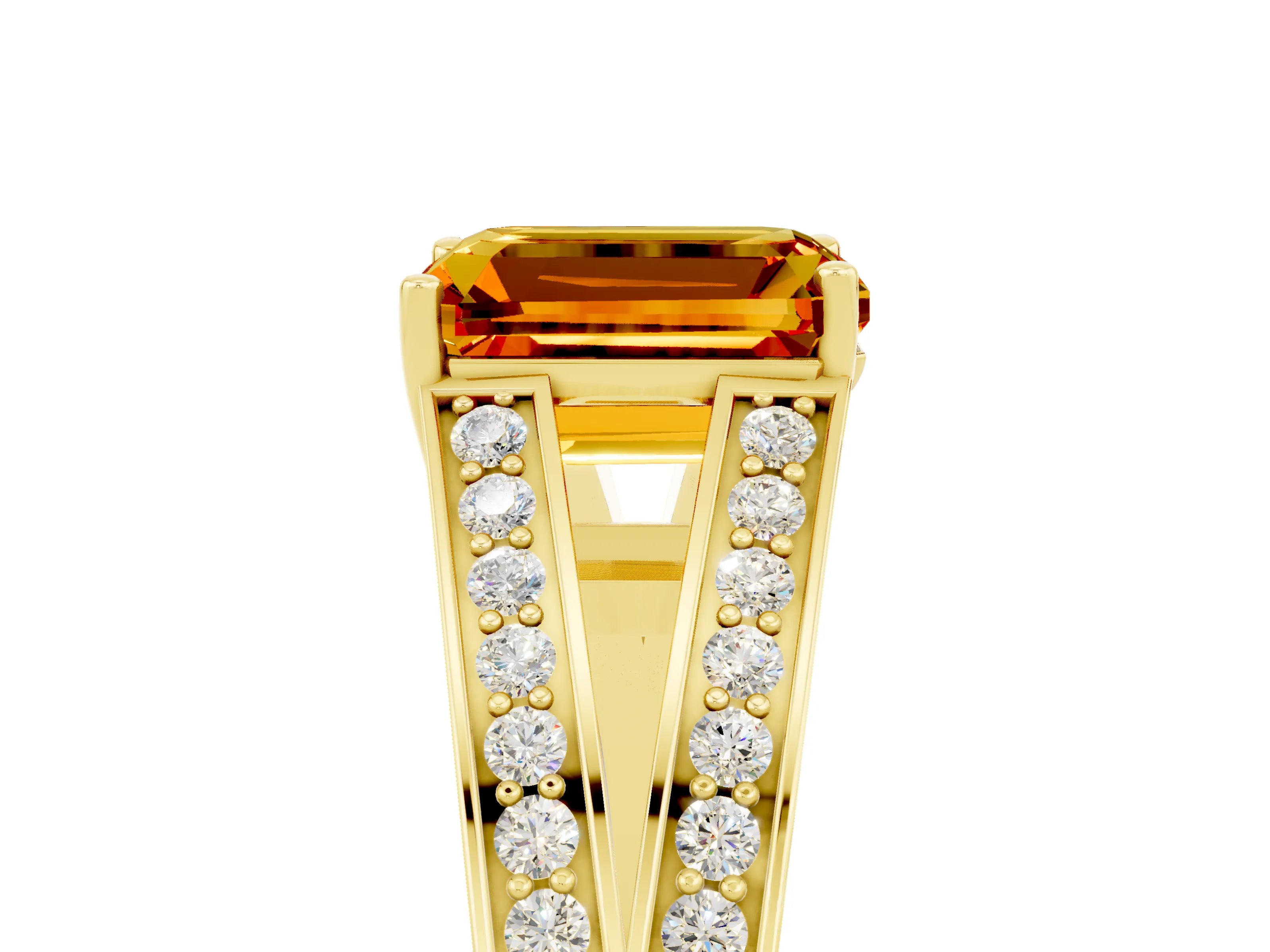 Yellow gold Emerald Cut Citrine Split Shank Ring with Pavé Band and Four-Prong Setting_5