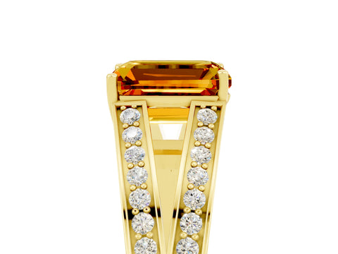 Yellow gold Emerald Cut Citrine Split Shank Ring with Pavé Band and Four-Prong Setting_5