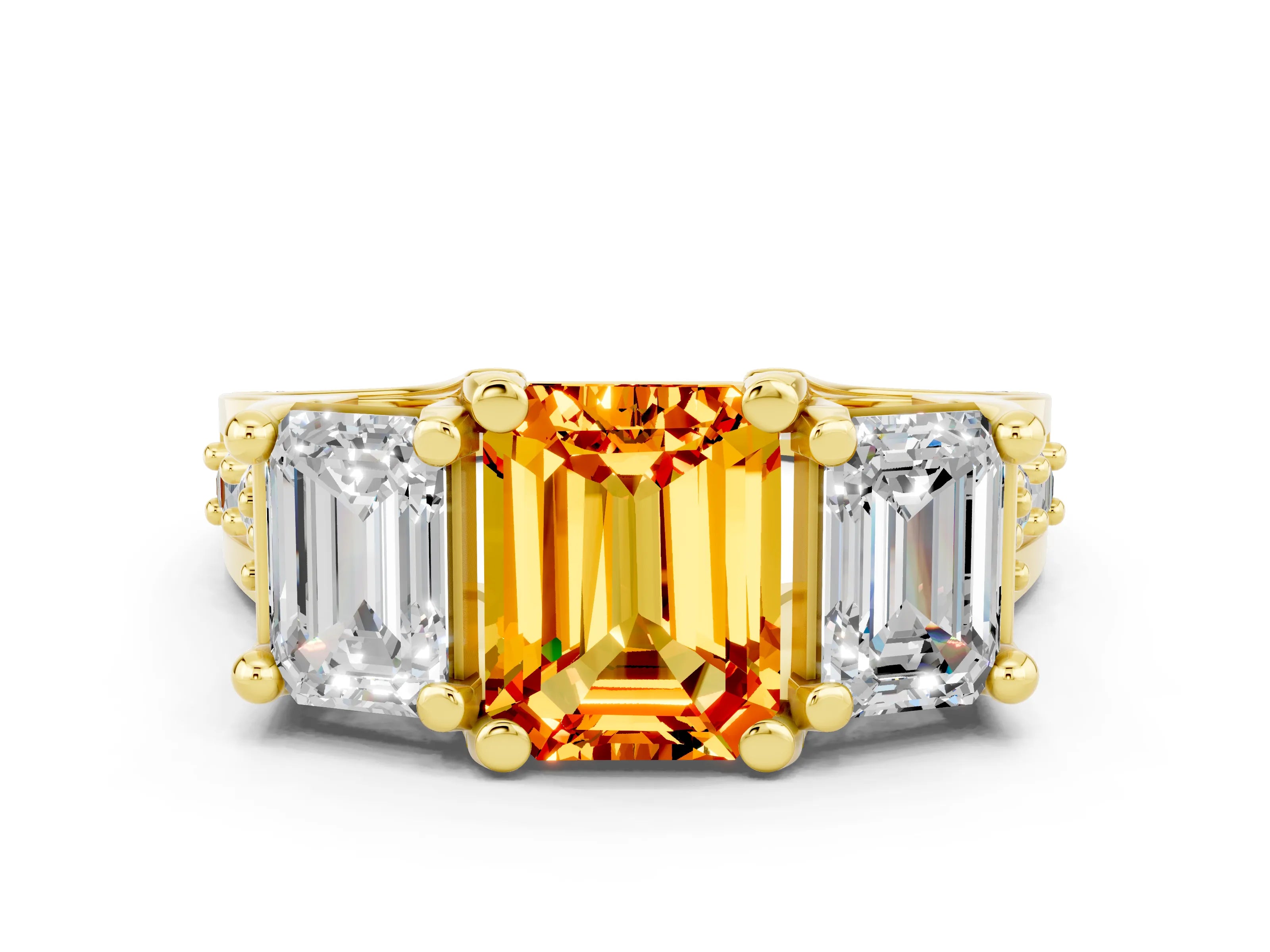 Yellow gold Emerald Cut Citrine Three-Stone Ring with Channel Set Band and Four-Prong Setting