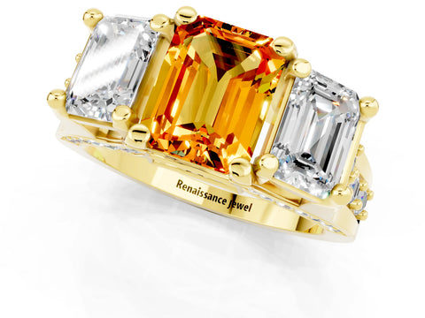 Yellow gold Emerald Cut Citrine Three-Stone Ring with Channel Set Band and Four-Prong Setting_1